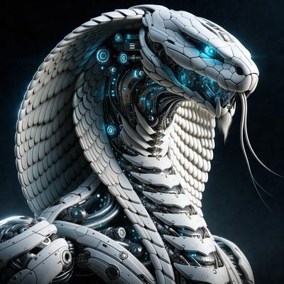 Primary subject: A white snake with a mechanical head.

Setting/background: The snake is standing in front of a dark background.

Visual style: The image is a digital art or illustration.

Colors and mood: The snake is predominantly white, and the overall atmosphere is mysterious and futuristic.